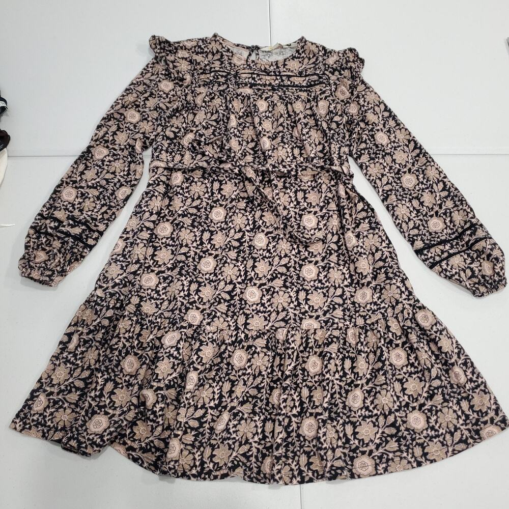 Boden Dress Womens 4R Navy Tan Floral Long Sleeve Ruffle Boho Tiered Skater